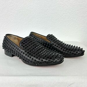 {Christian Louboutin} Black Matte Leather Dandelion Spike Loafers, Size 39.5